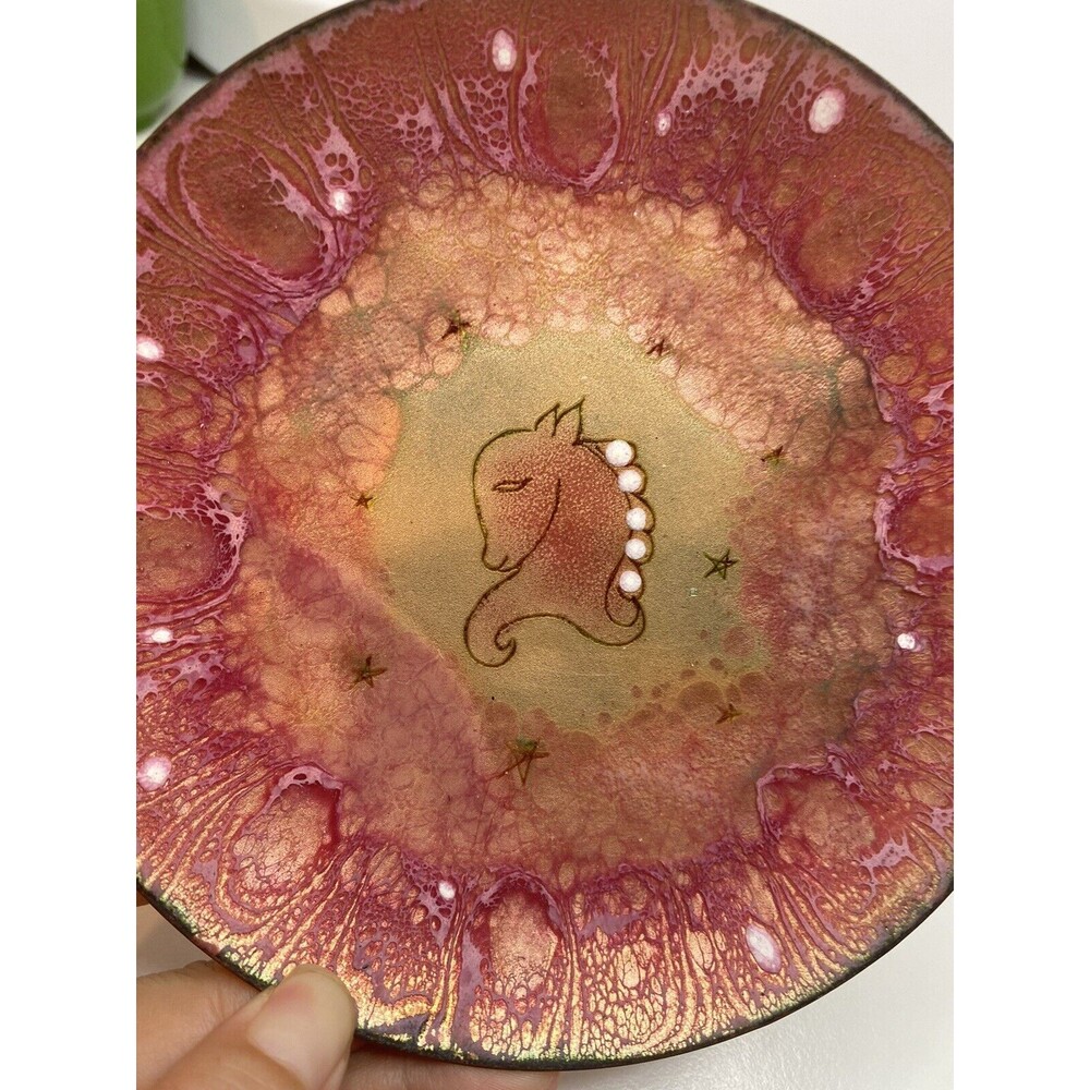 Vtg Hand Painted Cute Horse And Star Around 6”Enamel on Copper Dish Pink